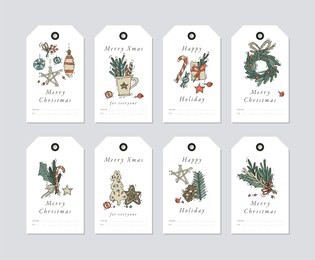 vector linear design christmas greetings elements on white background. christmas tags set with typography and colorful icon