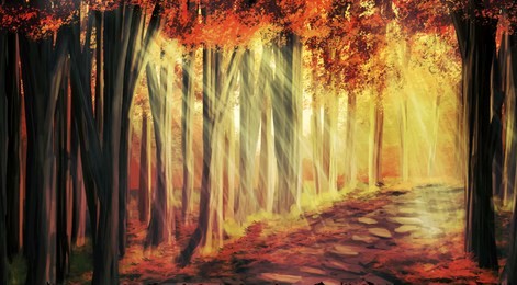 forest with path between autumn trees
