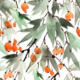 watercolor and ink illustration of berries, leaves and tree branches, decorative artistic painting, sumi-e and u-sin gohua oriental traditional paintind, seamless pattern on white background