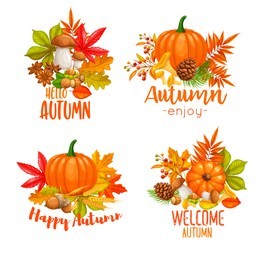 seasonal hello fall  banners with autumn foliage maple, oak, elm, pumpkin, chestnut, leaves rhus typhina and autumn berries.