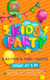 super flyer for kids party in cartoon style with sunburst background. place for fun and play, kids game room for birthday party. poster for children's playroom decoration. vector illustration.