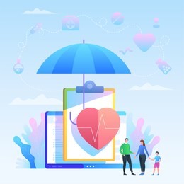 insurance vector concept with icons. family with agent. shield and insurance policy
