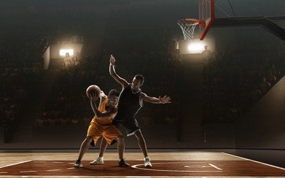 basketball players fight for a ball during a professional match