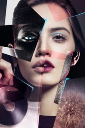 idea, fashion, make up. composition of women portraits with large earrings and body art