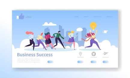 business success landing page template. website layout with flat people characters running to finish. leadership concept. easy to edit and customize mobile web site. vector illustration