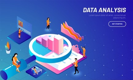 data analysis concept based web template design with 3d illustration of magnifying glass, bar graph, clipboard and business analytics analysis the stats.