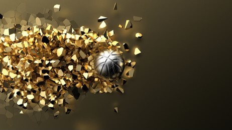 scatted silver metallic basketball ball on cracked gold wall. 3d illustration. 3d high quality rendering.