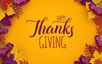 thanksgiving holiday banner with congratulation text. autumn tree leaves on yellow background. autumnal design for fall season poster, thanksgiving greeting card, paper cut style, vector illustration