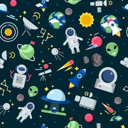 space pattern. shuttle rocket astronaut stars interstellar mars planets travel vector seamless cartoon pictures. rocket and shuttle for travel, cartoon pattern universe illustration