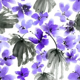 watercolor and ink illustration of blue flowersand leaves, sumi-e and u-sin painting, seamless pattern