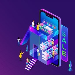 online store in isometric smartphone, many user purcahsing online, web template design for online shopping concept.