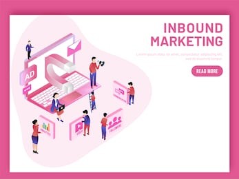 inbound marketing based isometric design of magnet in laptop, different advertising ways to attract customer or user. responsive landing page.