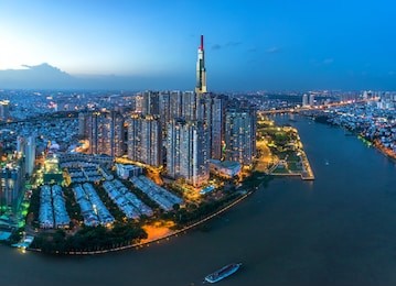 top view aerial photo from flying drone of center city, a developed metropolitan with office skyscrapers and business center.ho chi minh city with tall buildings