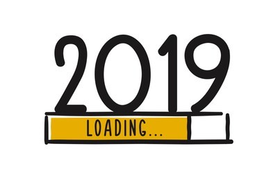 doodle new year download screen. progress bar almost reaching new year's eve. vector illustration with 2019 loading