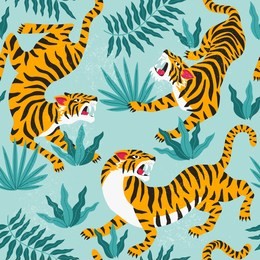 vector seamless pattern with cute tigers on background. circus animal show. fashionable fabric design.