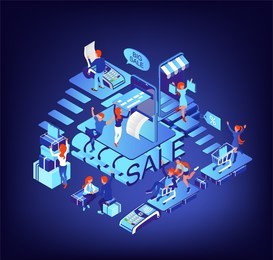 shopping through the internet. the concept of easy shopping. payment by card. purchase via smartphone in the online store. isometric 3d