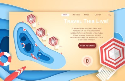 vector web site paper art design template. tropical beach. summer holiday concept. landing page illustration for website and mobile development. paper cut origami style.