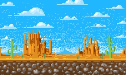 landscape background, pixel art, 8-bit game digital vintage style. interface for the application or a web site. clouds over the mountains. monument valley.