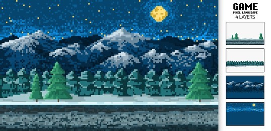 landscape background, pixel art, digital vintage 8-bit game style. interface for the application or a website. night in the mountains and in the forest.