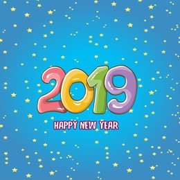 2019 happy new year poster or card design template. vector happy new year greeting illustration with colored hand drawn 2019 numbers and stars isolated on blue backgroundwith stars
