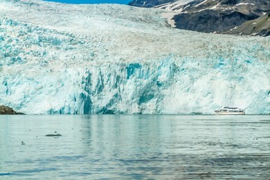 catamaran boat in front of massive aialik glacier in aialik bay, alaska, usa. the boat is dwarfed by the enormity of the glacier.