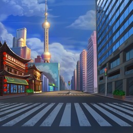 china shanghai street realistic country city area painting series. video game's digital cg artwork, concept illustration, realistic cartoon style scene design