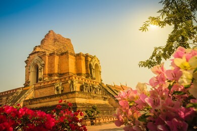 old massive ruins pagoda of wat chedi luang (temple of the big royal stupa), located in chiang mai, thailand. wat chedi luang was built in 1383 and the structure collapsed after an earthquake in 1545.