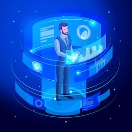 isometric businessman works virtual screen, watches reports on sales and sales schedules. high tech. artificial intelligence, knowledge expertise intelligence learn