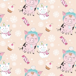 set of cute pig cartoon seamless characters pattern. chinese symbol of the 2019 year. happy new year. cute funny piggy illustration.