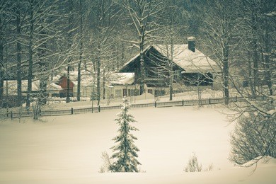 white landscape: snowy alpine house in the woods. toned and vignetted image as vintage style postcard