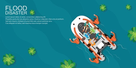 top view of rescue team helping people by pushing a boat through flooded water, boat rescue vector illustration.