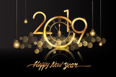 happy new year 2019 - new year shining background with gold clock and glitter.