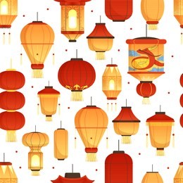 china lanterns pattern. asian traditional new year colored paper symbols chinese dragon vector seamless illustration. oriental festival lamp, prosperity asian background