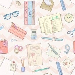 stationery flat lay, books, background studying, creative lifestyle, planning seamless pattern hand drawn illustration pastel colors