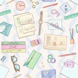 stationery flat lay, books, background studying, creative lifestyle, planning seamless pattern hand drawn illustration pastel colors