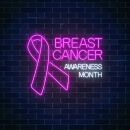 glowing neon sign of breast canser awareness month. neon poster design with pink ribbon and text on dark brick wall background. vector illustration.