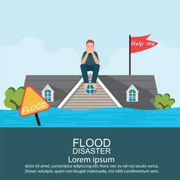 anxious man sitting on roof of house after water flood emergency and waiting for helping, flood disaster vector illustration.