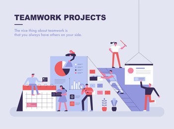 an exaggerated concept template where small people are building business materials. flat design style vector graphic illustration