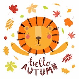 hand drawn vector illustration of a cute lion, with colorful falling leaves, quote hello autumn. isolated objects on white. scandinavian style flat design. concept for children print.