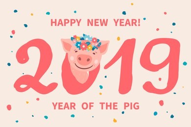 greeting card with cute cartoon piggy with a flower wreath on his head. pig is a symbol of the 2019 chinese new year. vector illustration
