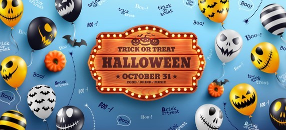 happy halloween banner with halloween text on vintage wooden board and halloween ghost balloons on blue background.scary air balloons.website spooky or banner  template.vector illustration eps10
