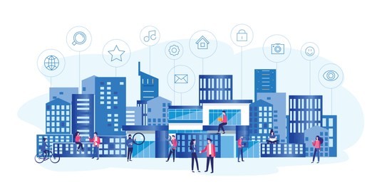 concept smart city for web page, banner, presentation, social media. intelligent building isometric vector, smart building, building on smartphone, 3d, system of intelligent, big data, analytics