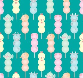 seamless kawaii pattern grilled meatballs cartoon.cute animal character design in pink,yellow,blue,green and rainbow pastel color.wallpaper with facial food emoticon.vector illustration.