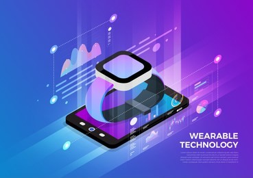 isometric illustrations design concept mobile technology solution on top with wearable device. gradient background and digital graph chart thin line. vector illustrate.