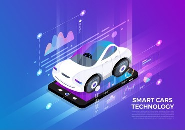 isometric illustrations design concept mobile technology solution on top with smart cars. gradient background and digital graph chart thin line. vector illustrate.