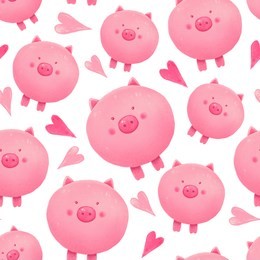 cute pig hand drawn illustration. seamless pattern. pink pig background.