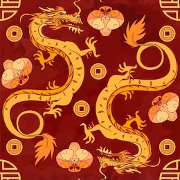 seamless oriental pattern with gold dragons and orchids, chinese ornament on a watercolor background
