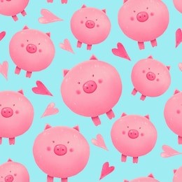 cute pig hand drawn illustration. seamless pattern. pink pig background.