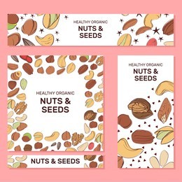card templates with cartoon colorful nuts and seeds. set of ad-cards (banners, tags, package) with cartoon nuts - hazelnut, almond, pistachio, pecan, cashew, brazil nut, walnut, peanut, sunflower seed