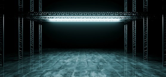 sci-fi futuristic modern dark stage structure on concrete wet floor with ice blue glowing neon tube lights empty space wallpaper background 3d rendering illustration